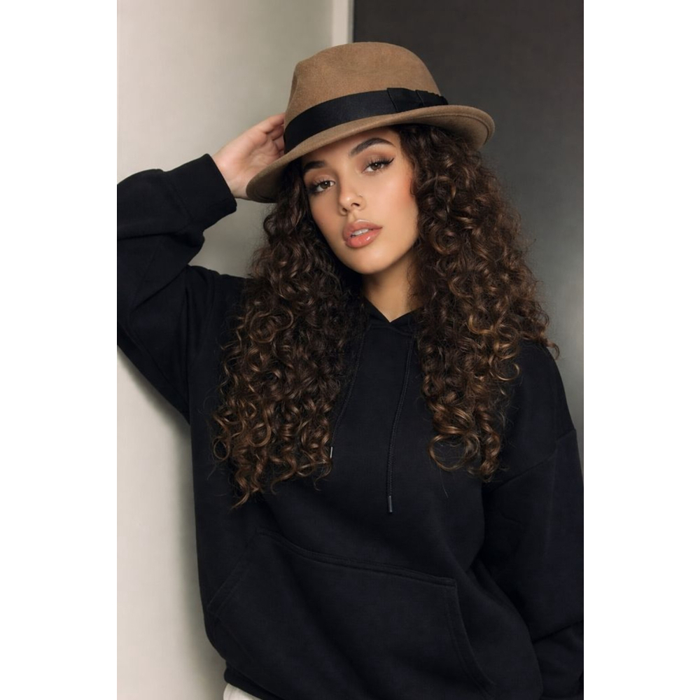 Women's Nordstrom Tan Brown Wool Felt Fedora Hat with Black Ribbon, One Size